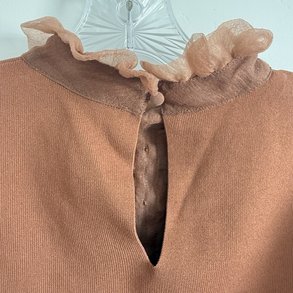 ZARA Brown/Taupe Top Organza Ruffle Woman M Poet Pirate Career Steam punk - Picture 7 of 13
